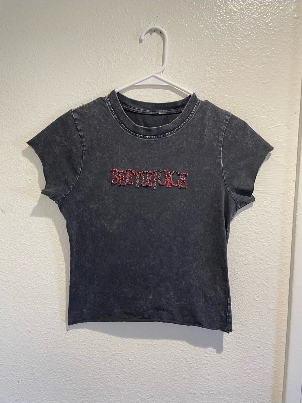 🖤 Beetlejuice Rhinestone Mineral Wash Baby Tee 🕸️ Coquette Goth Baby Tee S
